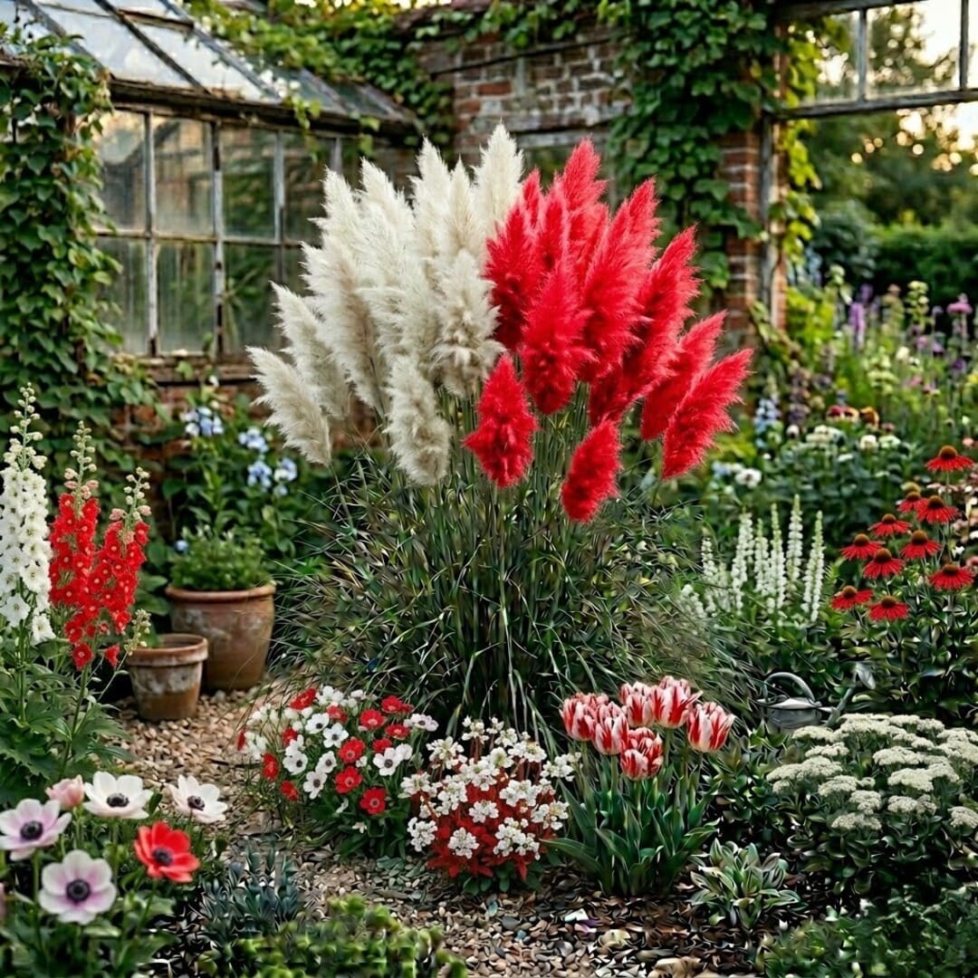 Iarba de Pampas Bicolora Alb-Rosu la Ghiveci, H 40cm+